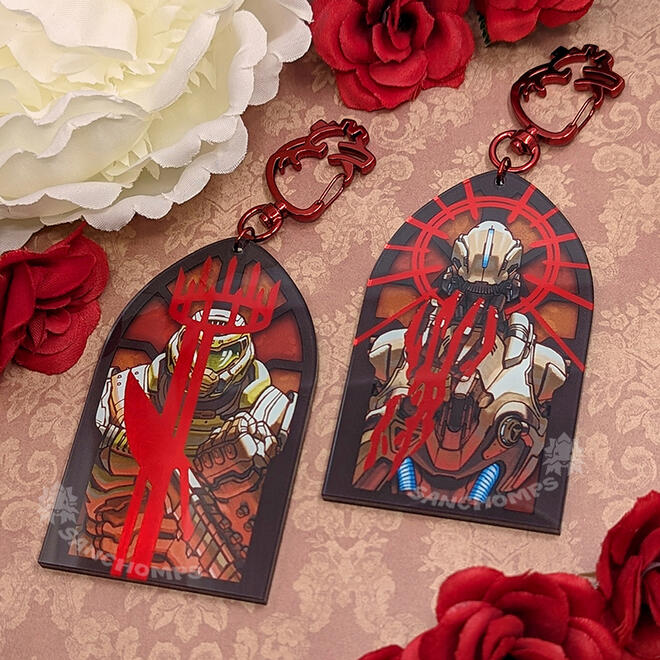 Acrylic charms with red foil. Designs based on DOOM: Eternal, 2024.