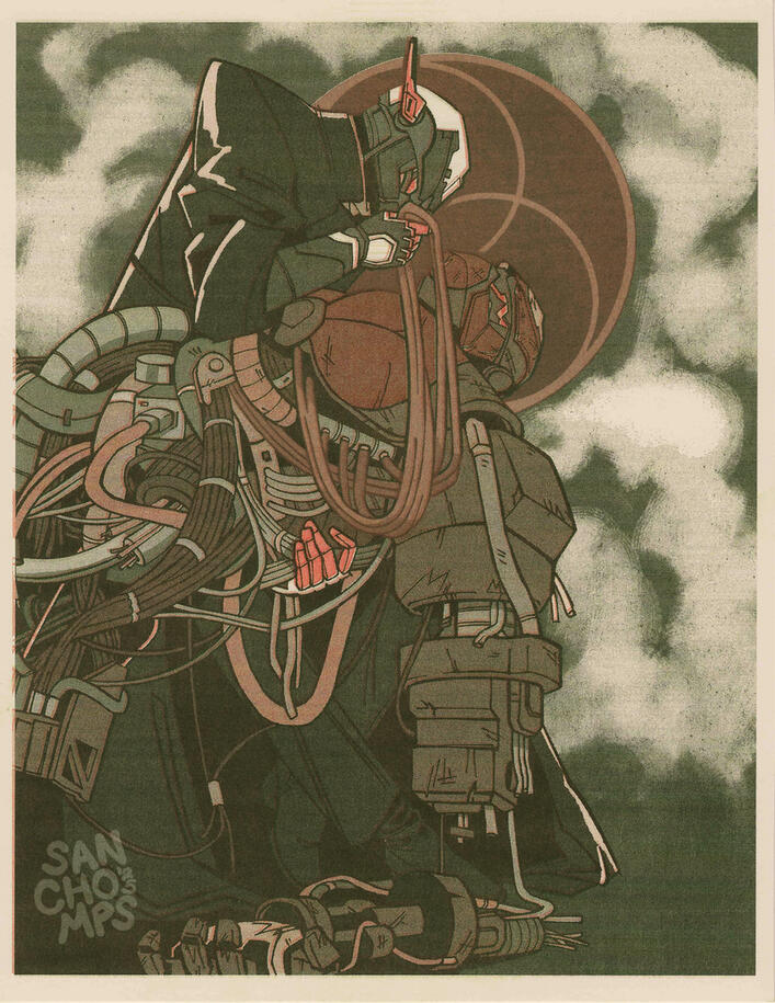 Original risograph, 2025. Moss, orange and metallic gold.