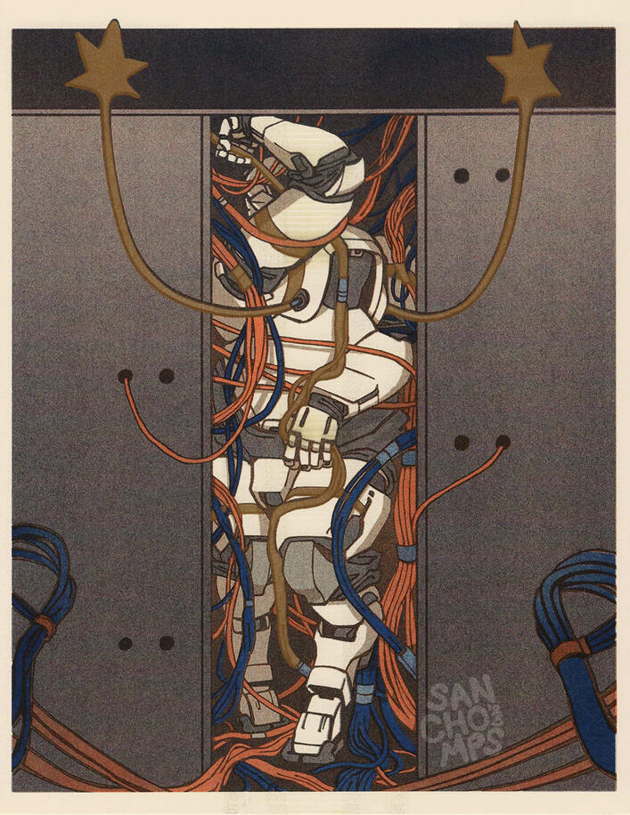 Original risograph, 2025. Black, federal blue, orange and metallic gold.